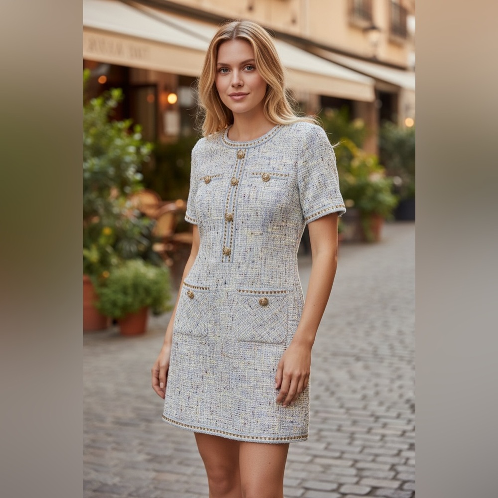 J.ING Pastel Tweed Mini Dress with Gold Buttons
